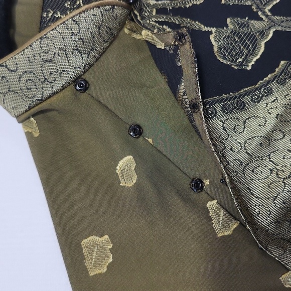 Womens Olive Green Silk Blend Metallic Thread Mandarin Collar Floral Print Kurta - Picture 14 of 16